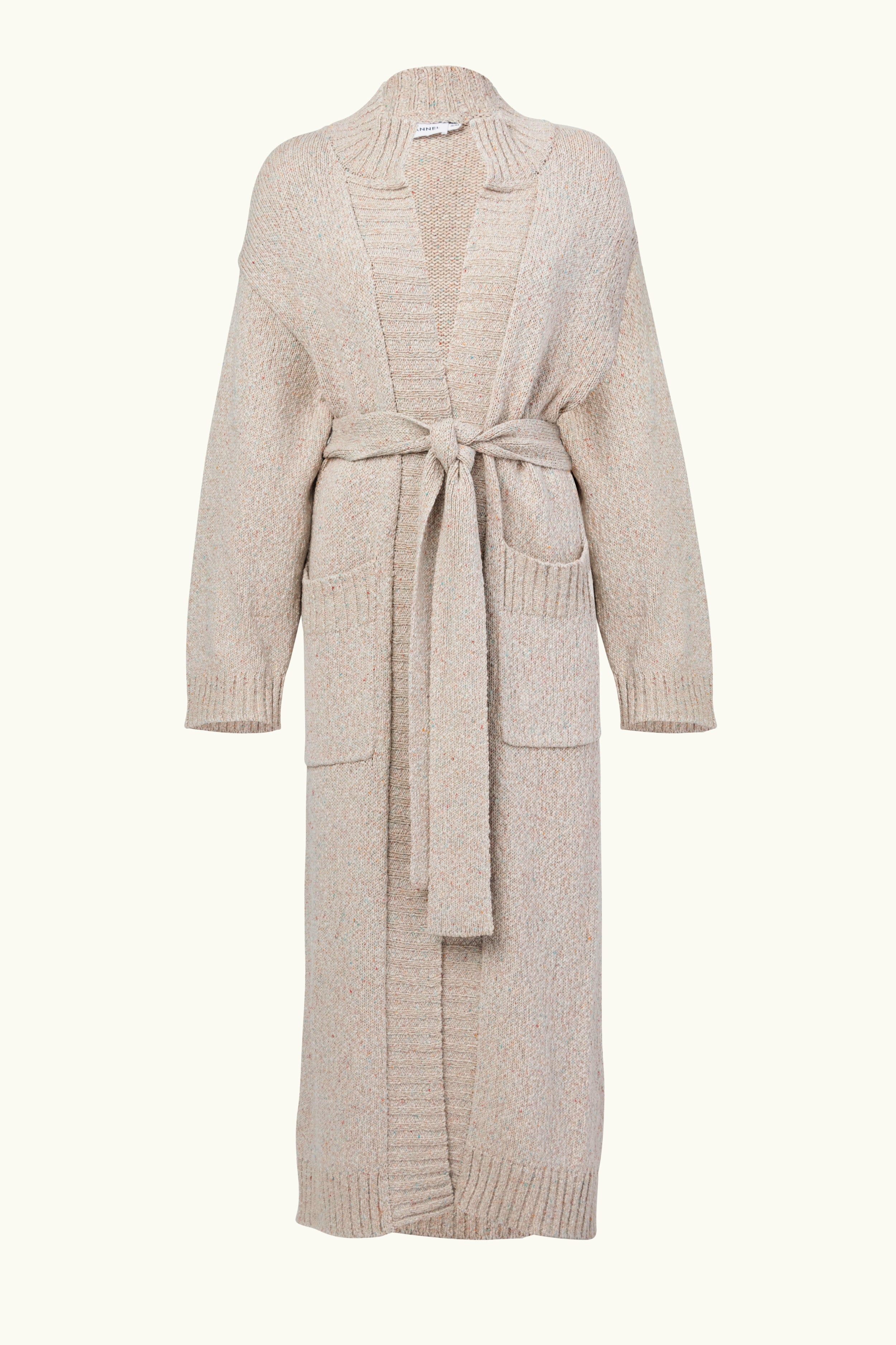 Beige knitted longline cardigan with a belt on a white background