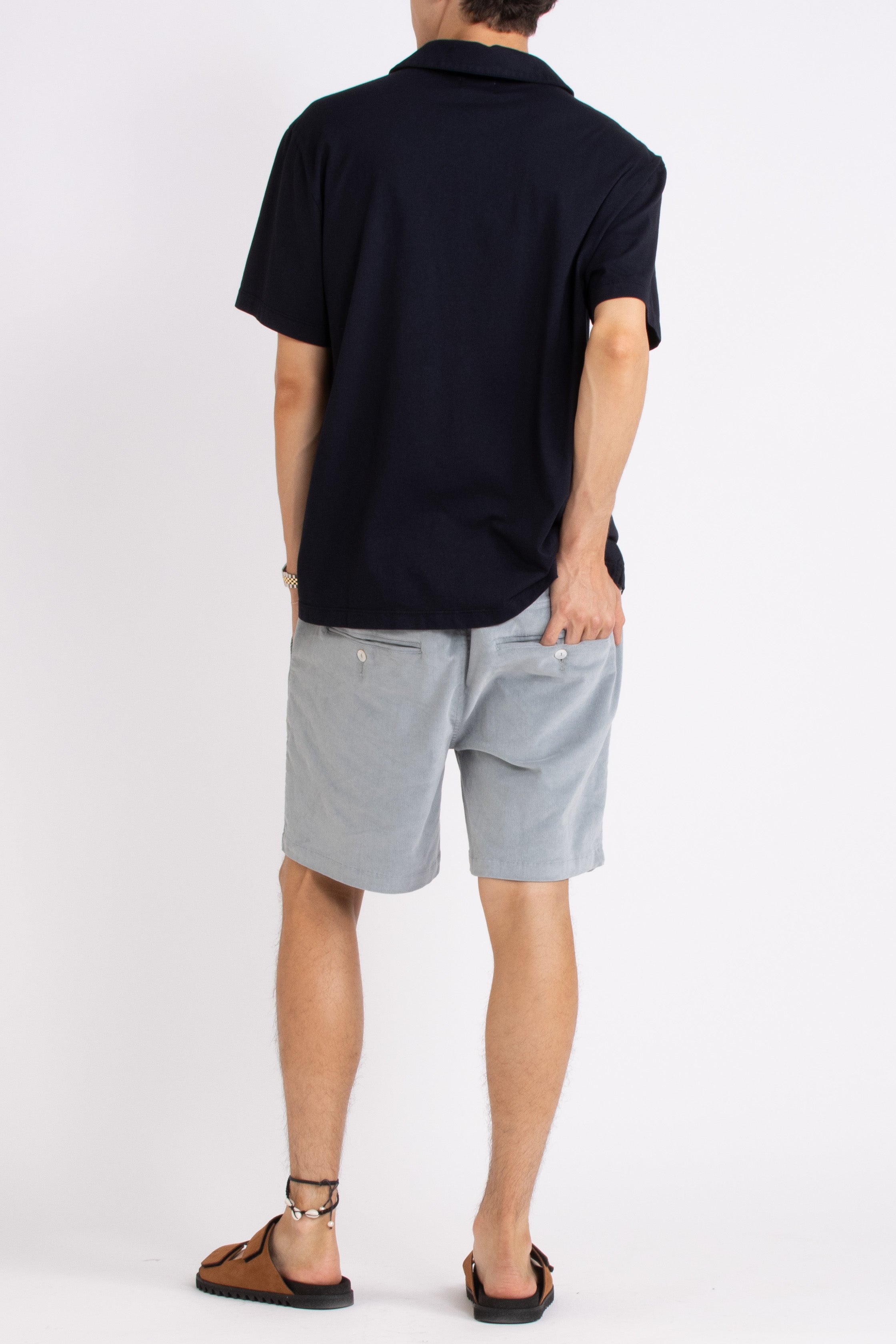 model wearing navy blue cotton polo shirt, light blue shorts and tan slides on a white background, back view