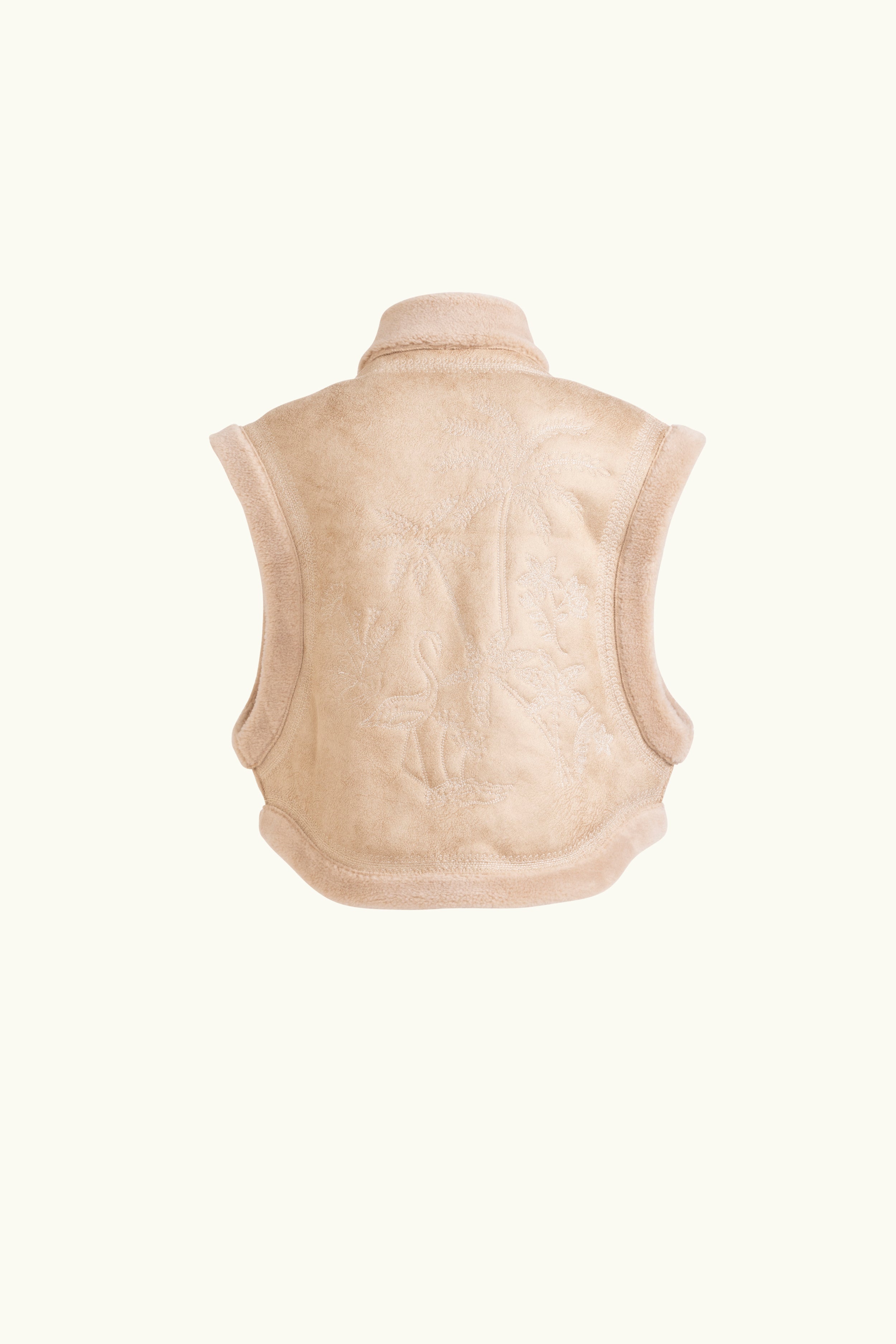 Natural faux shearling cropped vest with coastal embroidery on a white background