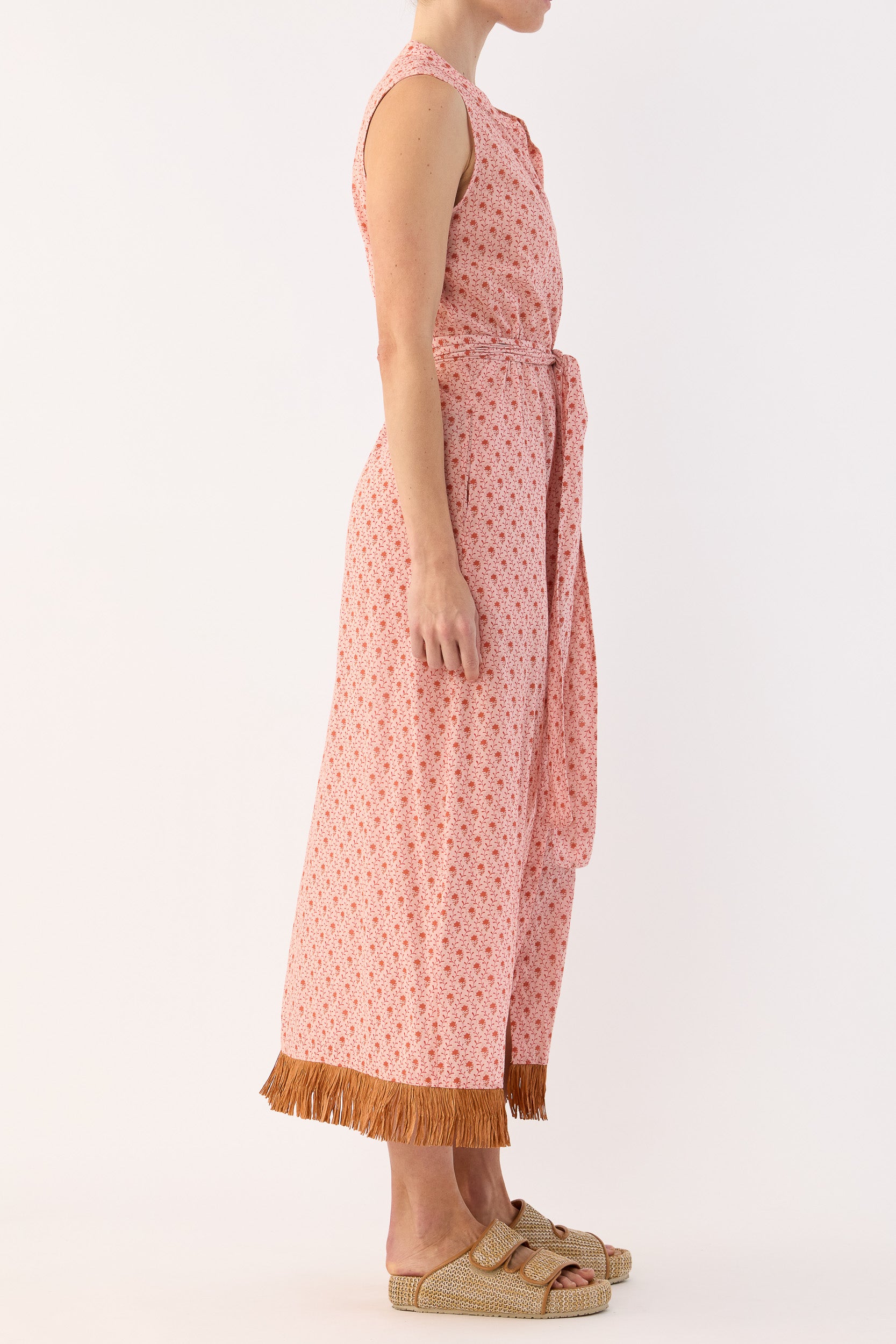 Gerri Printed Cotton Sleeveless Dress with Raffia Trim