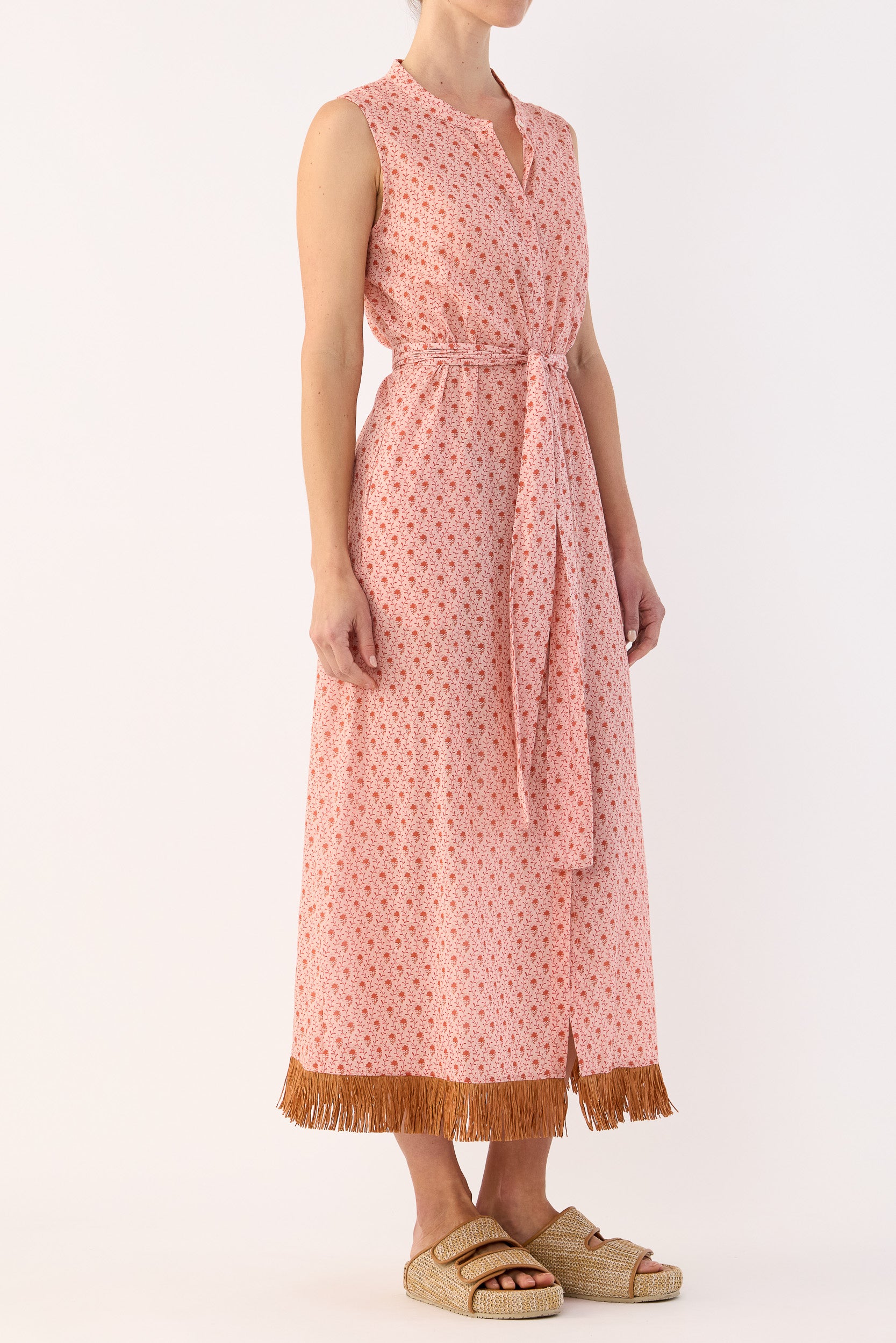 Gerri Printed Cotton Sleeveless Dress with Raffia Trim