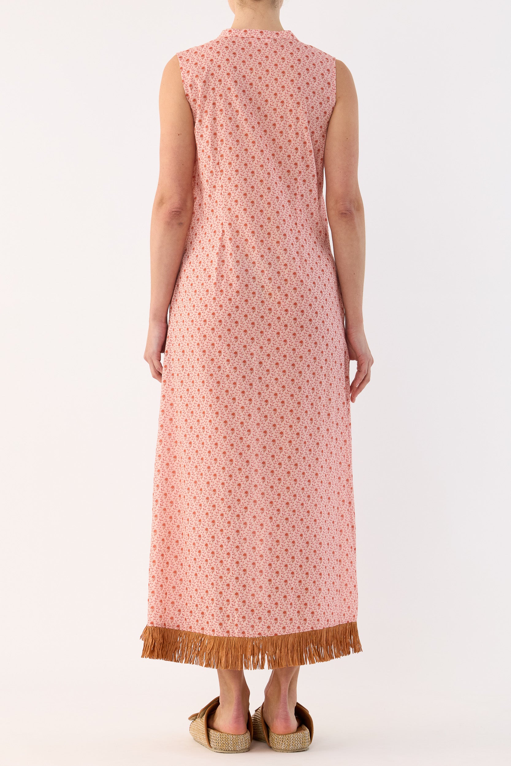 Gerri Printed Cotton Sleeveless Dress with Raffia Trim