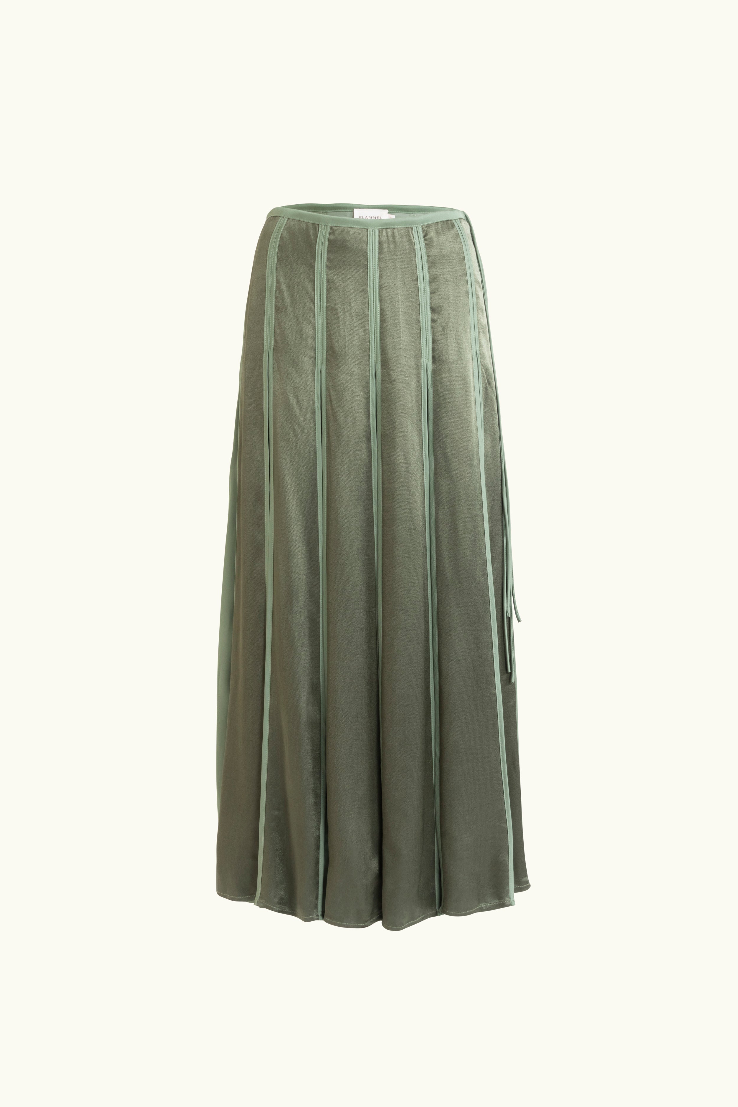 Olive green box pleat skirt on a white background