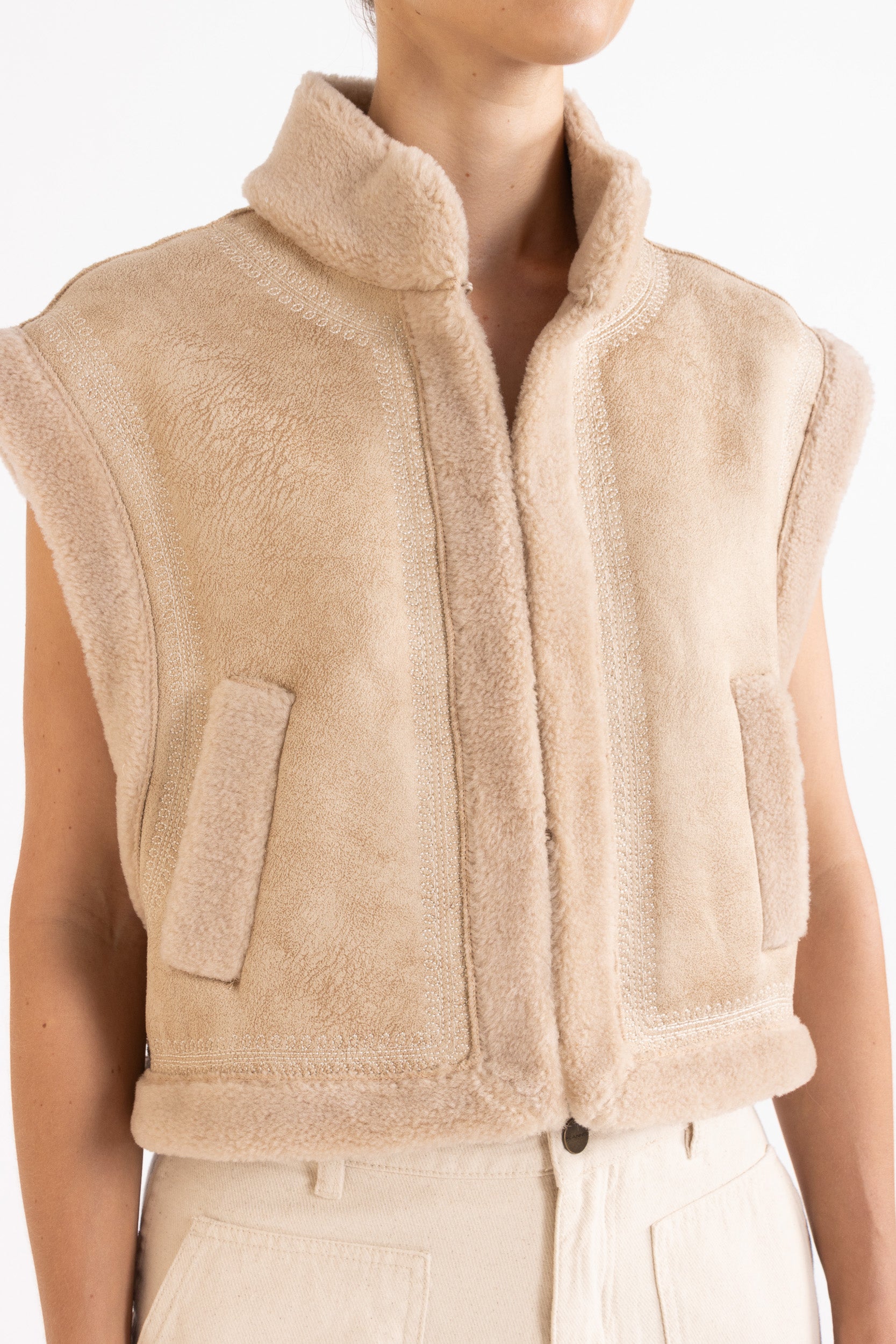 Shiloh Embroidered Faux Shearling Vest