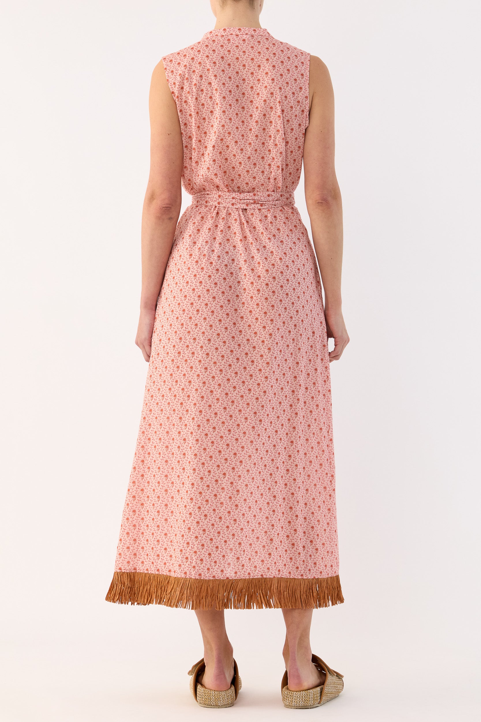 Gerri Printed Cotton Sleeveless Dress with Raffia Trim