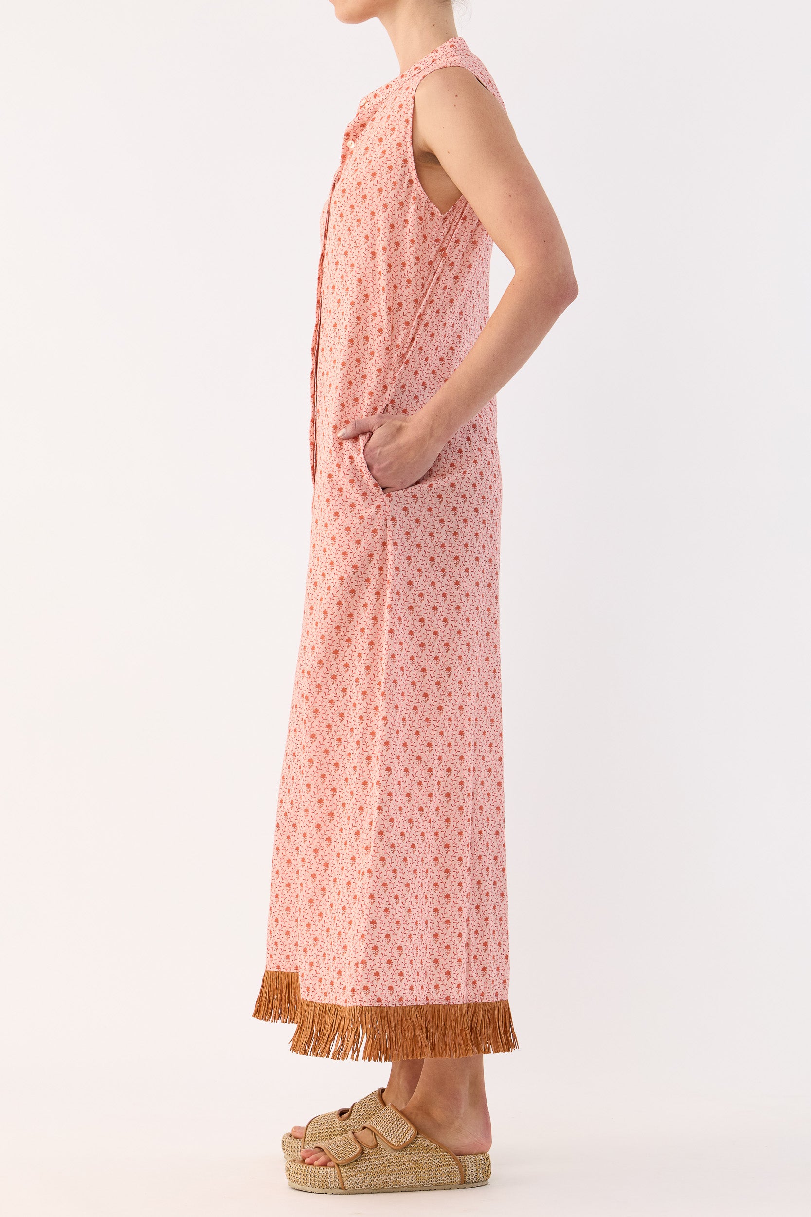 Gerri Printed Cotton Sleeveless Dress with Raffia Trim