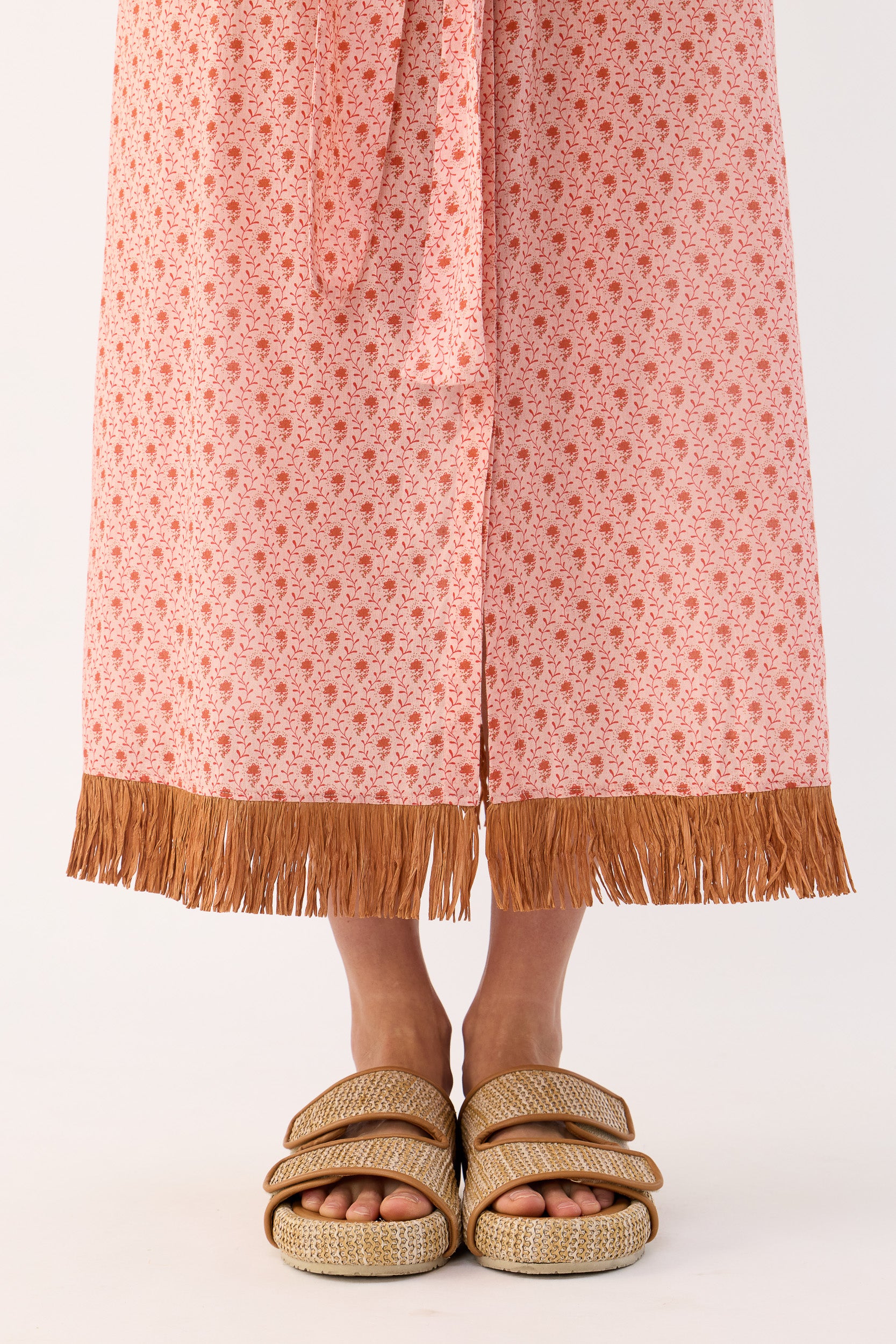 Gerri Printed Cotton Sleeveless Dress with Raffia Trim