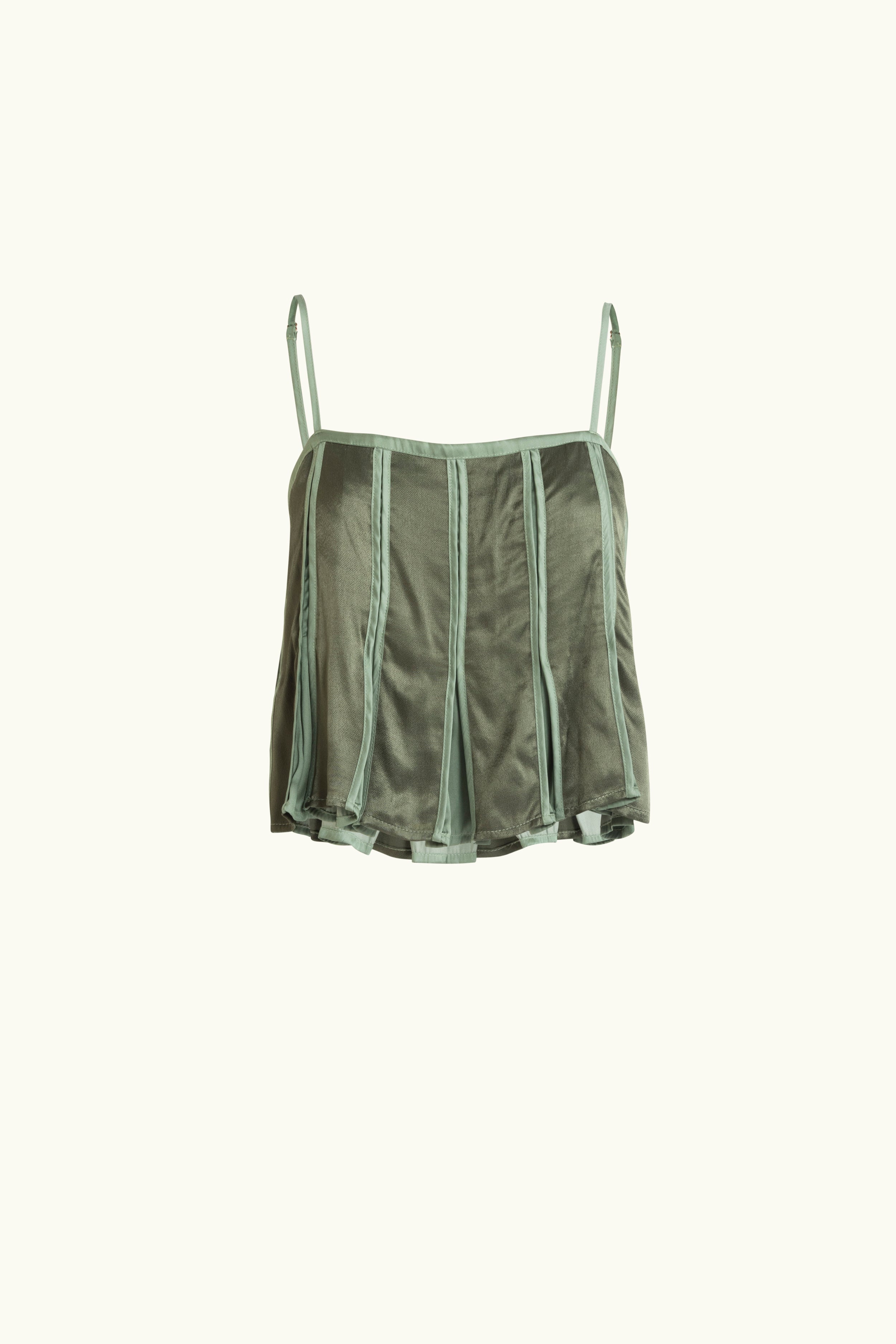 Olive green box pleat camisole on a white background