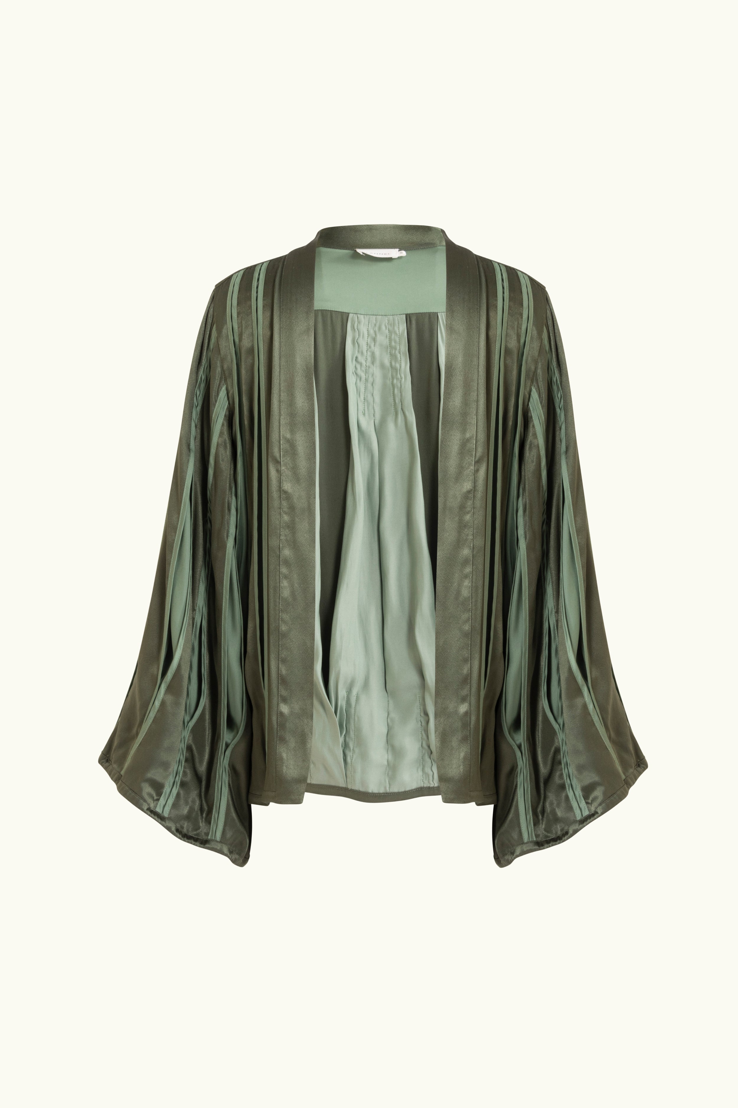 Olive green box pleat jacket on a white background