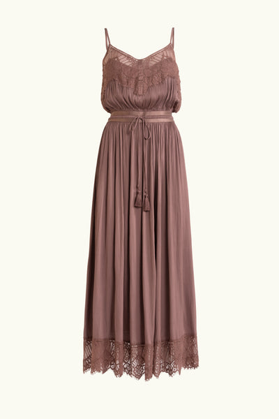 vince lace trim pleated dress Self-Portrait Lace-Trimmed Pliss-Satin Maxi Dress - Brown - 40% Off